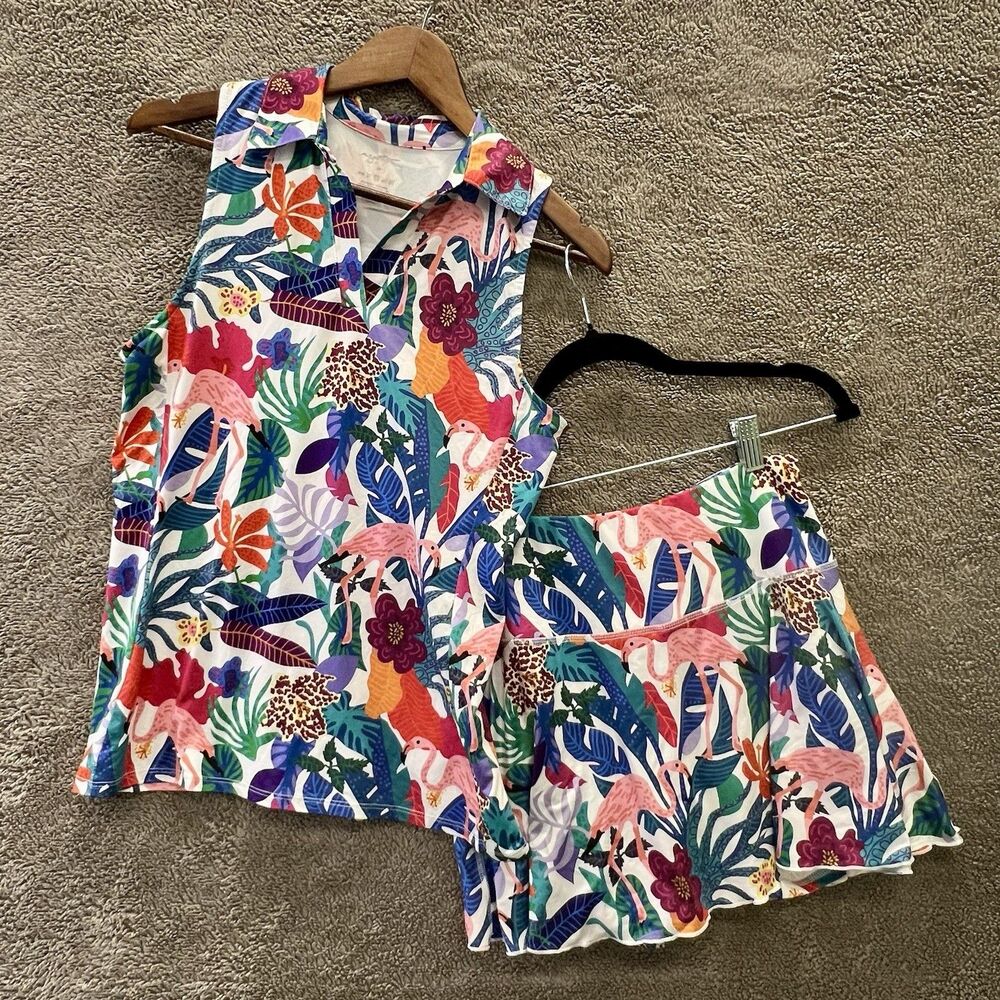X By Gottex Set 2pc SzM Golf Tennis Pickleball Skirt & Top Flamingo Floral